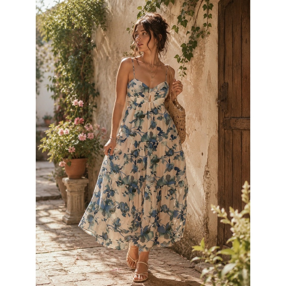 Hello Molly Blue Floral Cut Out Tiered Maxi Dress Small US 4 Summer Wedding Boho